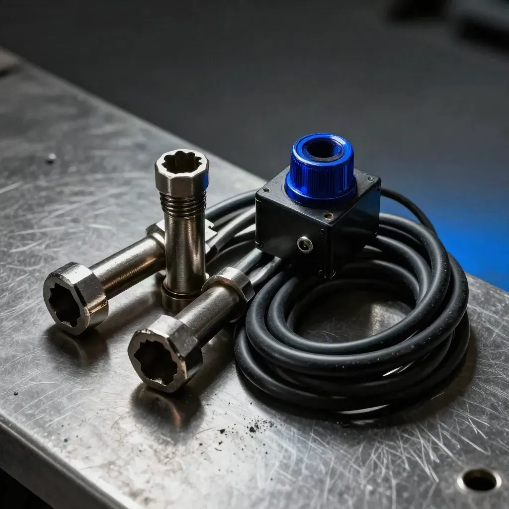 Rail coupler parts, wrench head, relay and cable on brushed steel with dramatic light.