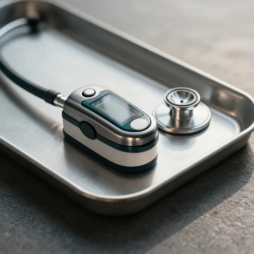 Macro of medical tools on brushed stone with teal-tinted highlights.