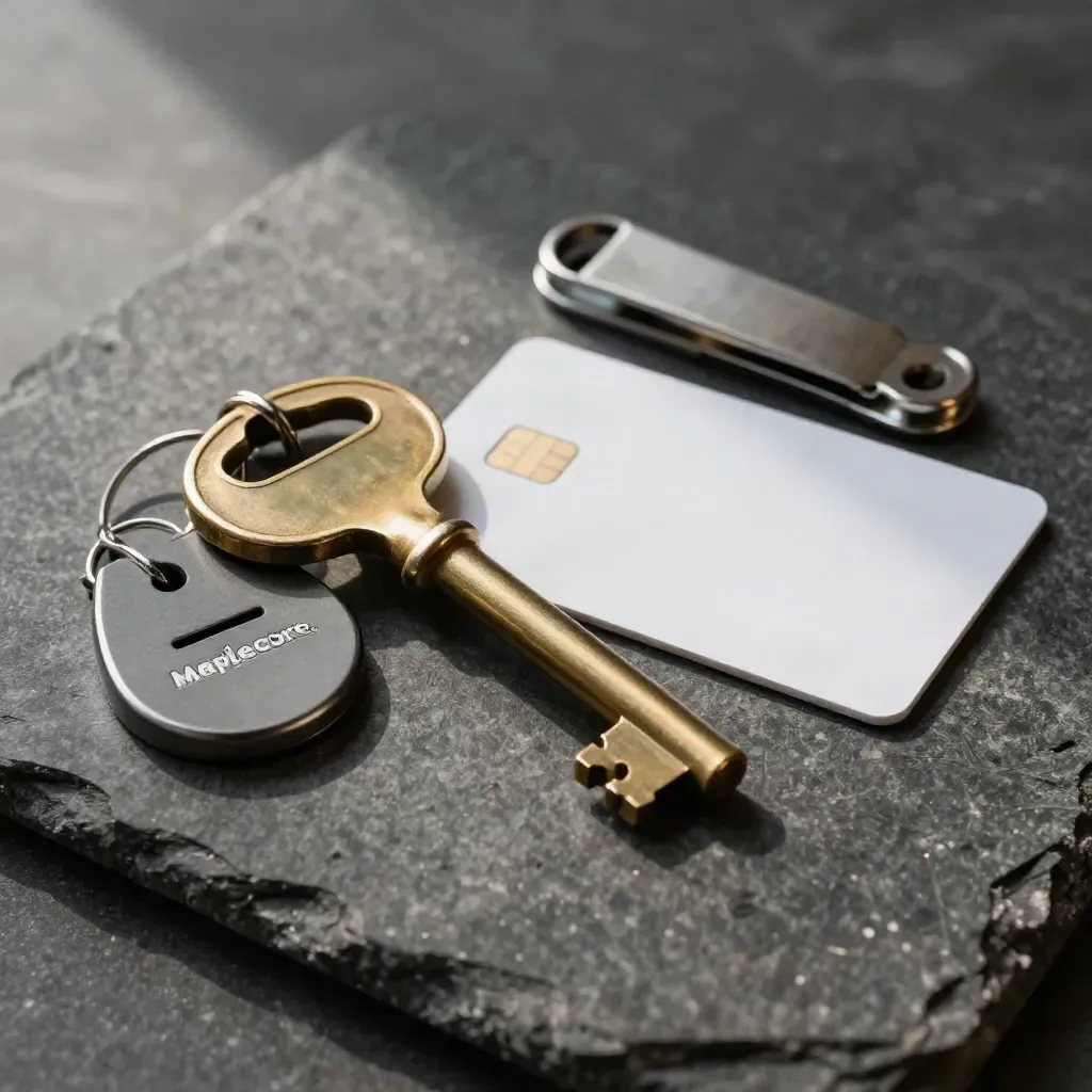 Vault key, security token, smartcard, and felt-lined clip on dark stone
