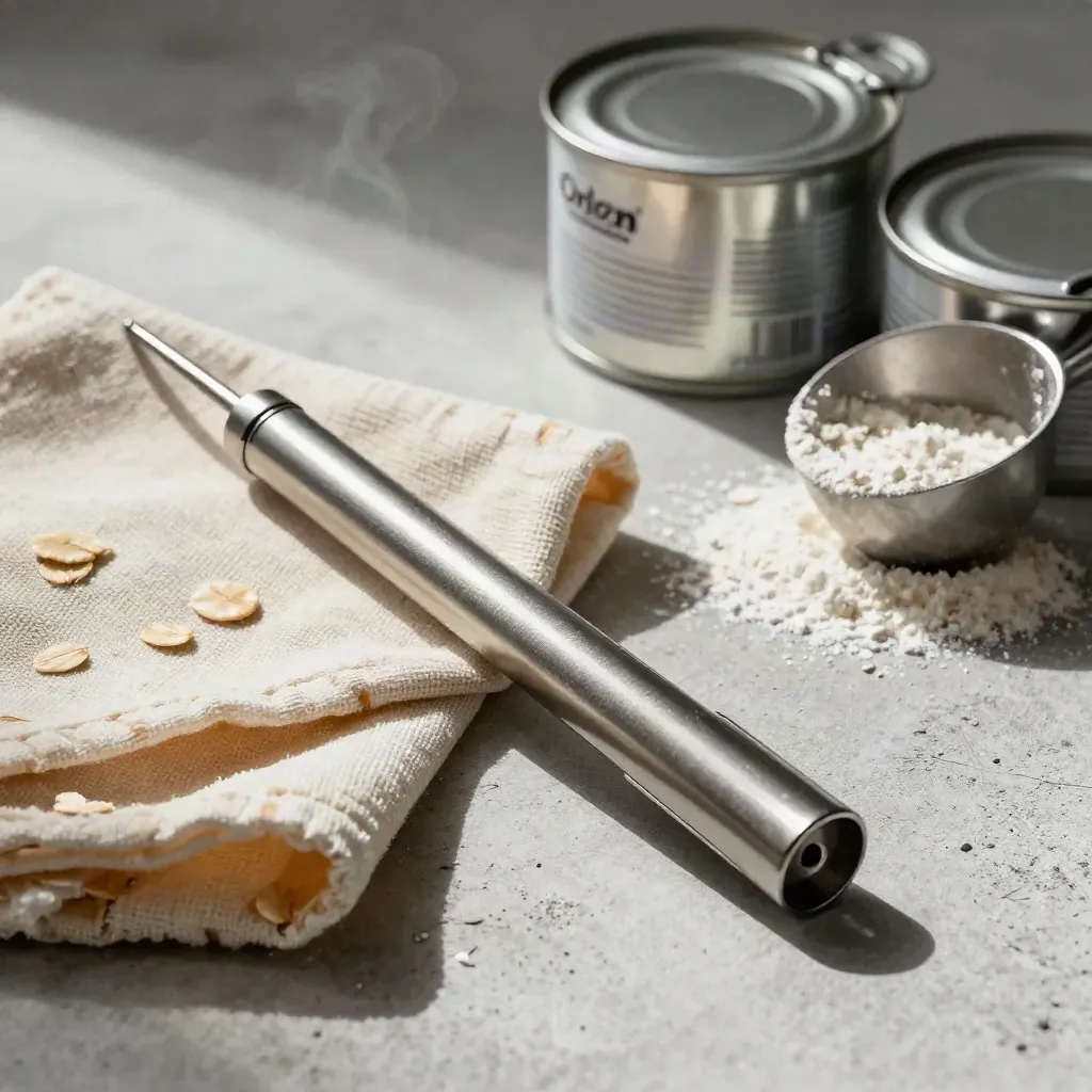 Brushed steel probe, bakery cloth, scoop and sealed tins on pale concrete with warm steam.