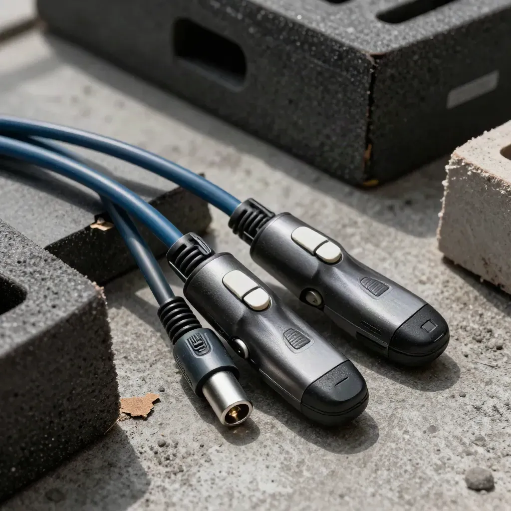 Drive caddies and patch cables clustered on dark concrete with foam crate corners