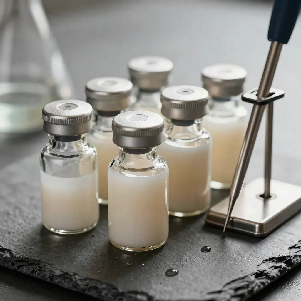 Macro lab still life of vials, a ceramic watch glass, and a pipette stand on charcoal stone.
