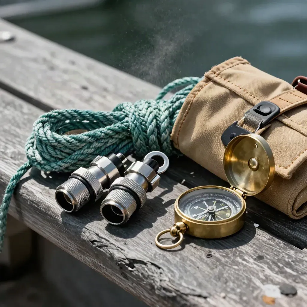 Marine connectors, rope, compass, and canvas tool roll on slate with salt mist.