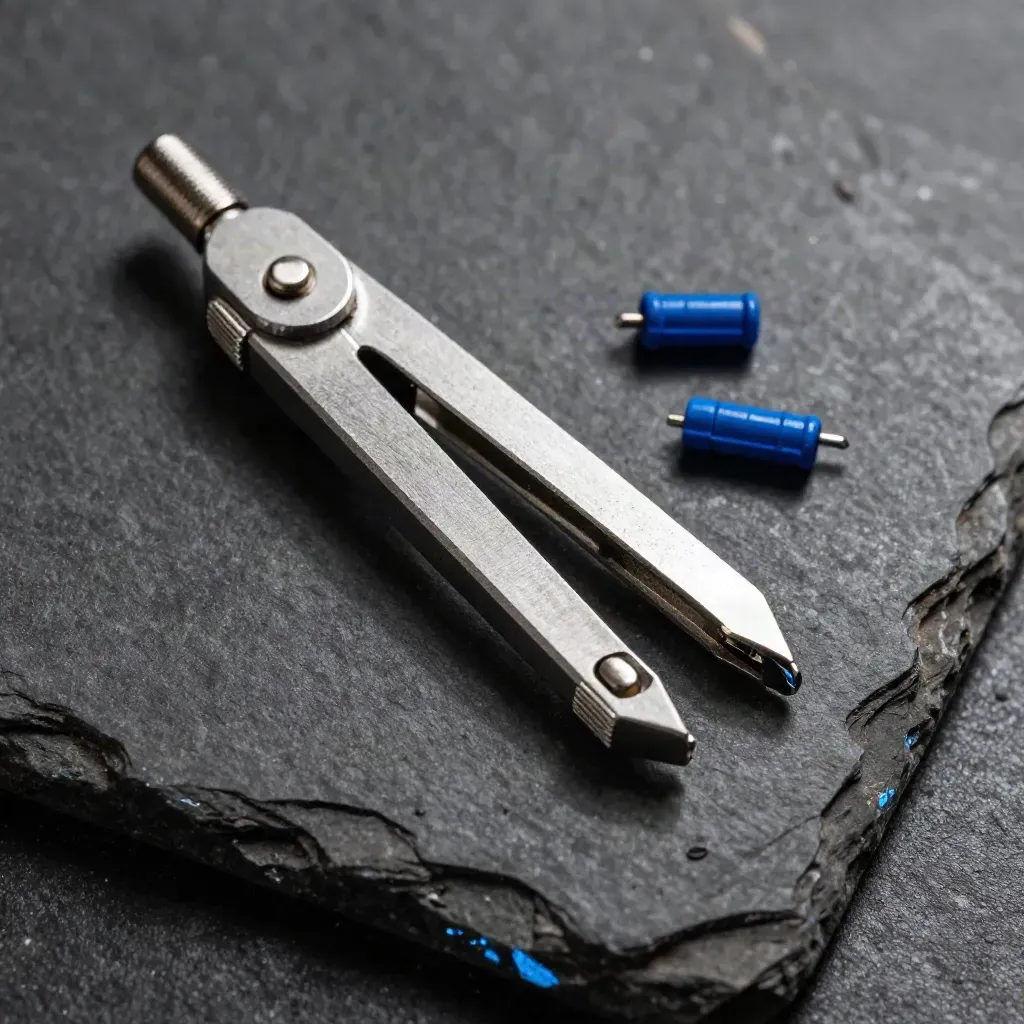 Macro of a brass compass, divider, and blue ferrules on black stone under raking light.