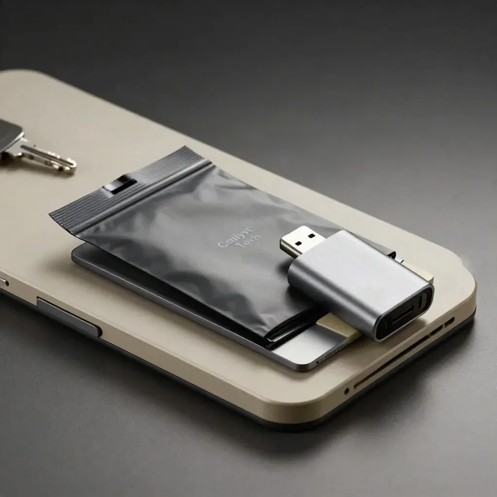 SSD setup bundle with adapter and foam insert on brushed metal, dramatic studio still life