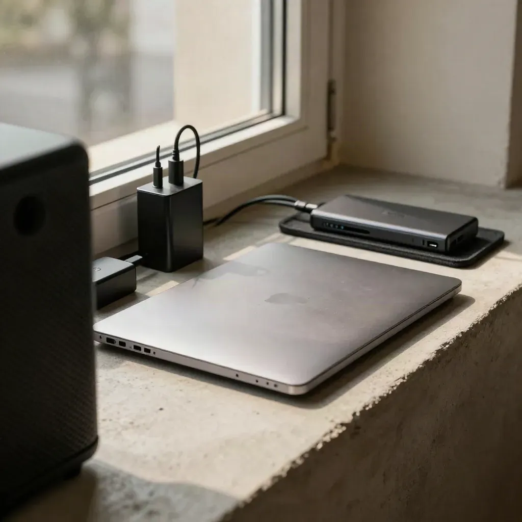 Closed laptop, adapter, hub and speaker on a concrete ledge with dramatic light