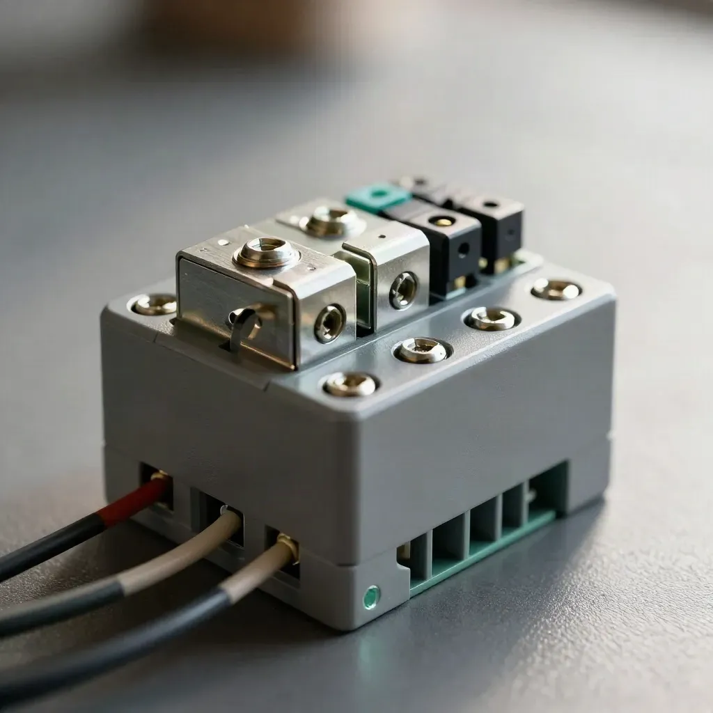 Timer relay, terminal block and cable markers arranged in a tight macro on graphite.