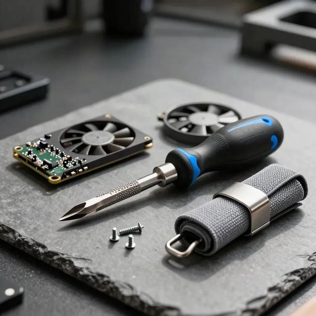 Tech support repair kit with screwdriver set, fan module, wrist strap, and screws on stone