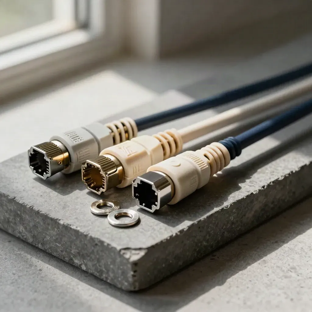 RJ45 couplers, patch leads, and steel washers on graphite stone with soft daylight.