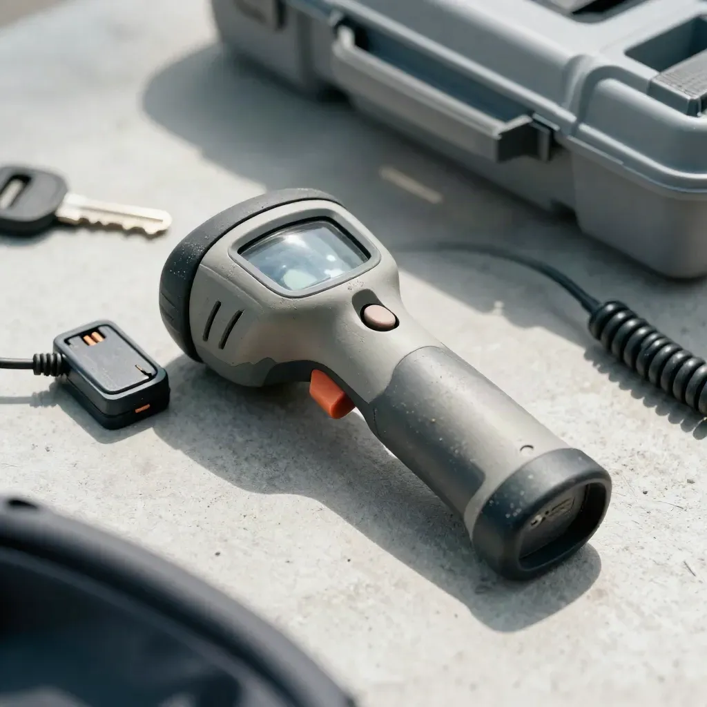 Handheld warehouse scanner, charging cradle and coiled headset cable on pale concrete in macro detail