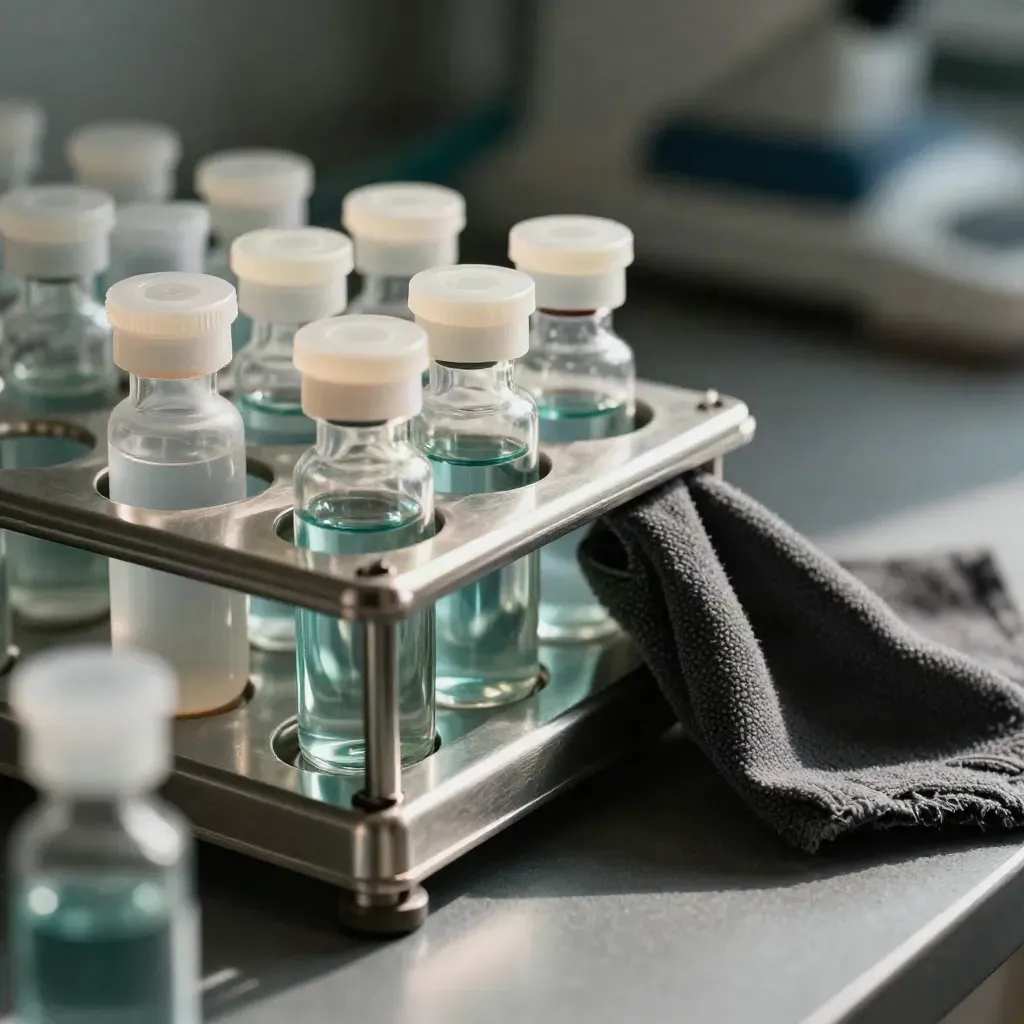Macro still life of stainless lab vials and a specimen rack on charcoal with dark drape.