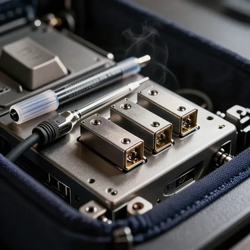 Rack ears and fiber tools on dark steel, seen through a blurred patch cable.