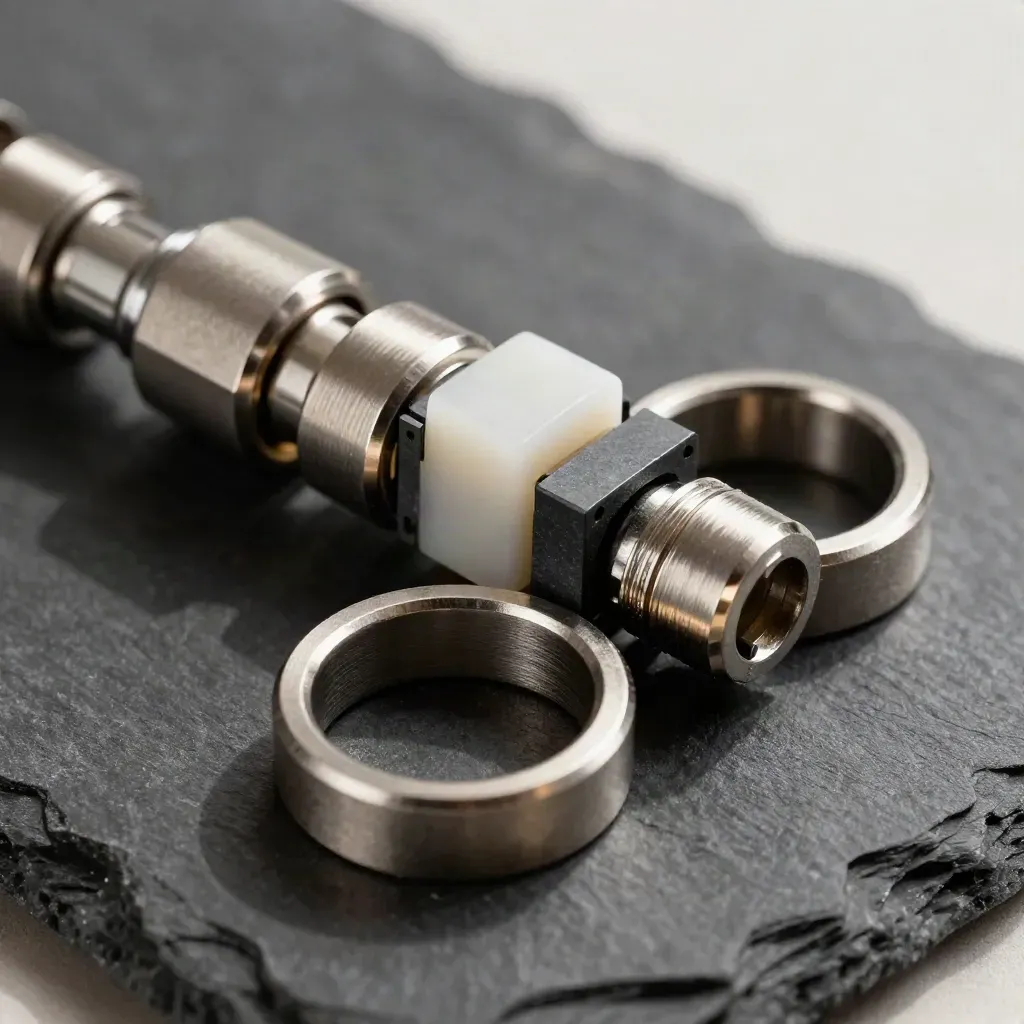 Macro of metal connector rings and modular blocks on dark slate