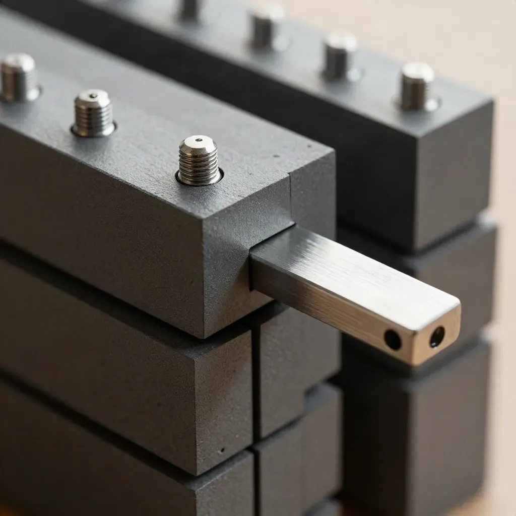 Graphite modular blocks with alignment pins and a connector bridge in side-lit close-up.