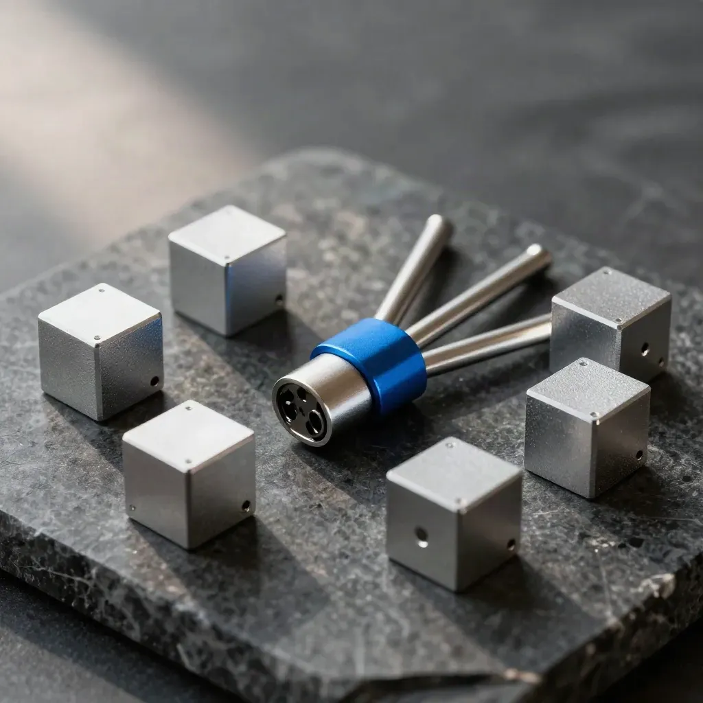 Aluminum cubes, hub connector, and linking bars on dark stone with blue accent