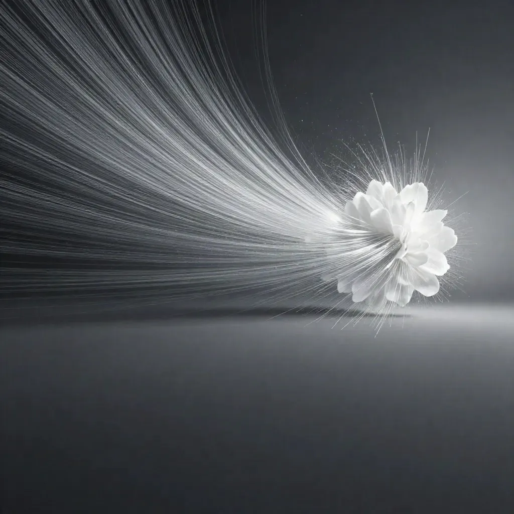 Silver filaments converge into a soft white bloom in graphite haze, with calm space below.