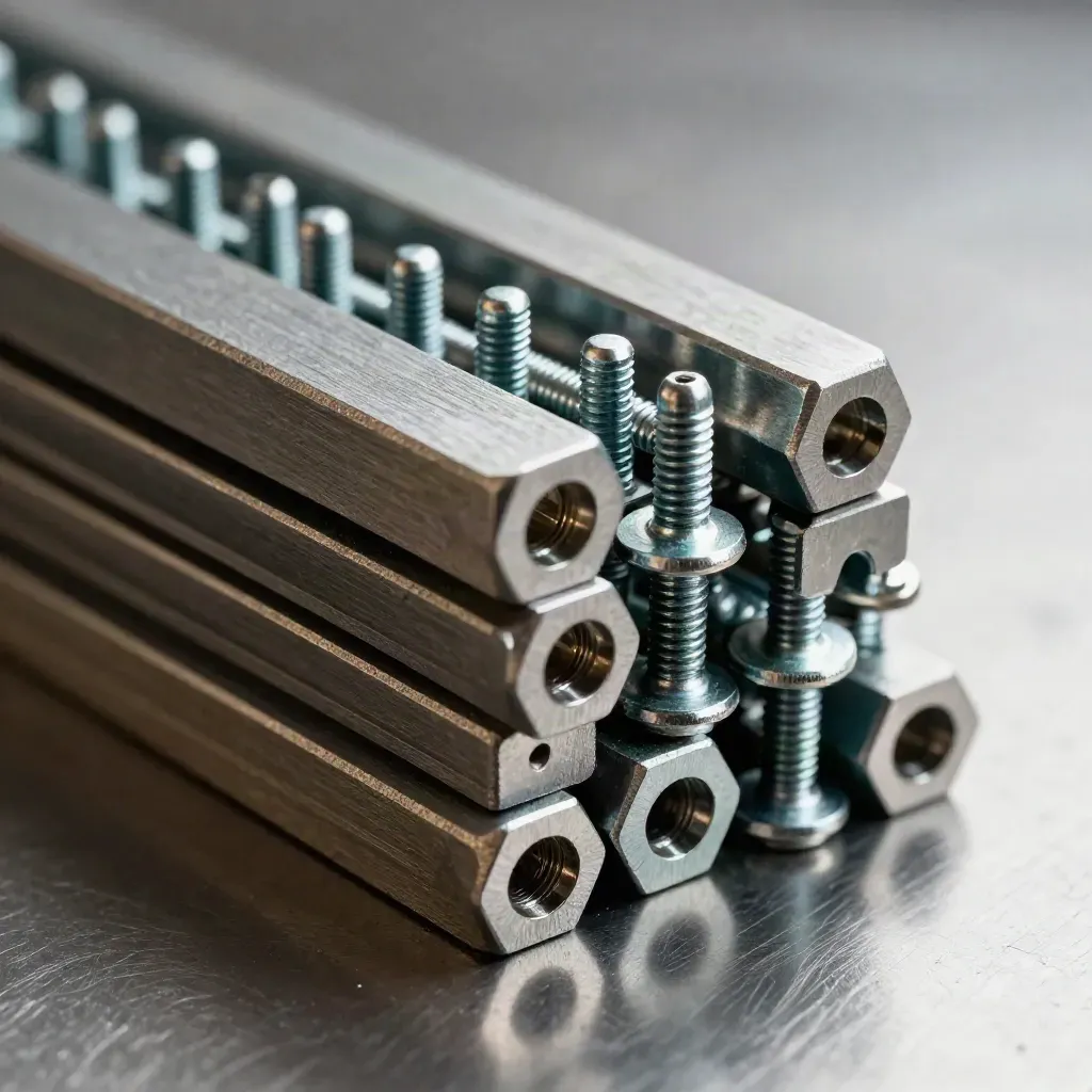 Metal dovetail blocks, hex standoffs, and a split fastener stack on brushed steel under hard upper-left light.